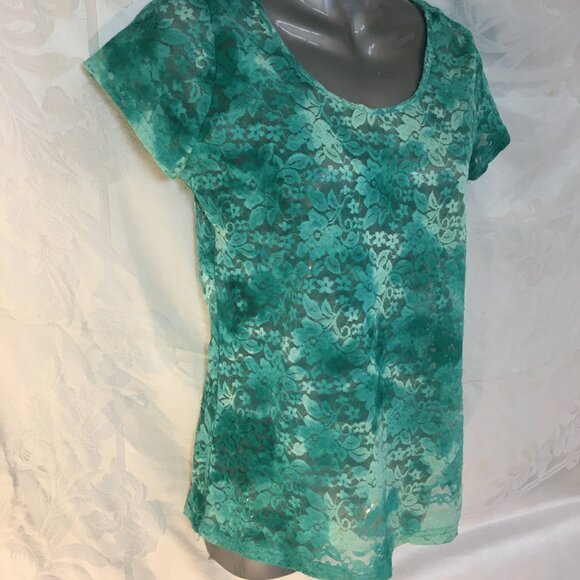 Rue 21 Fashion Lace Blouse Women's Size L Top Stylish Green Aqua Shirt Stretchy - Picture 8 of 14